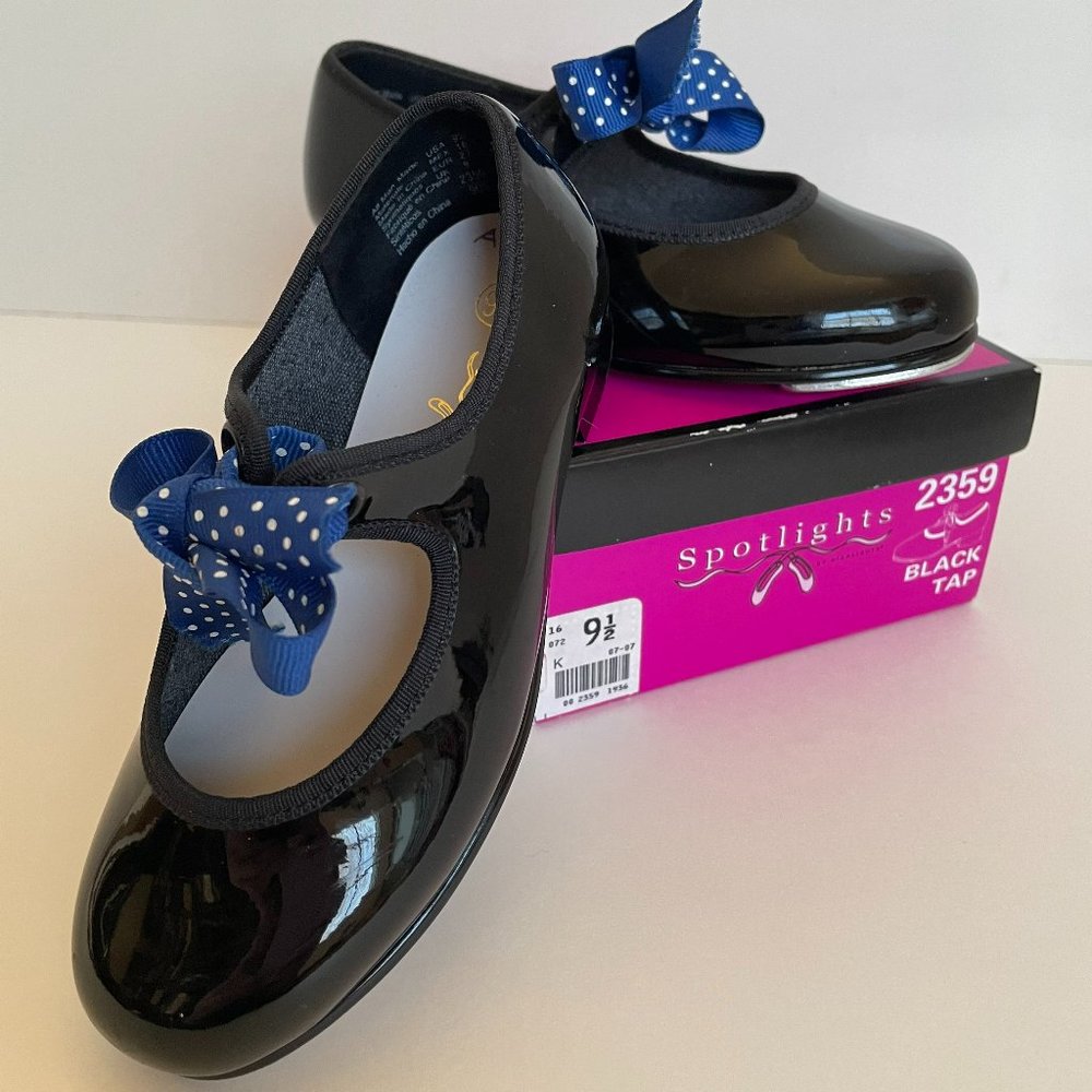 Spotlights Black Patent Tap Shoes w/ Polka Dot Bows - Size 9.5T